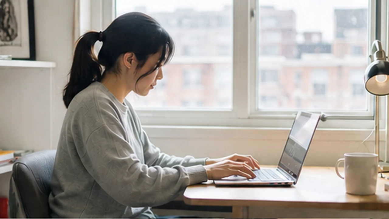 small apartment remote worker with slim laptop by window