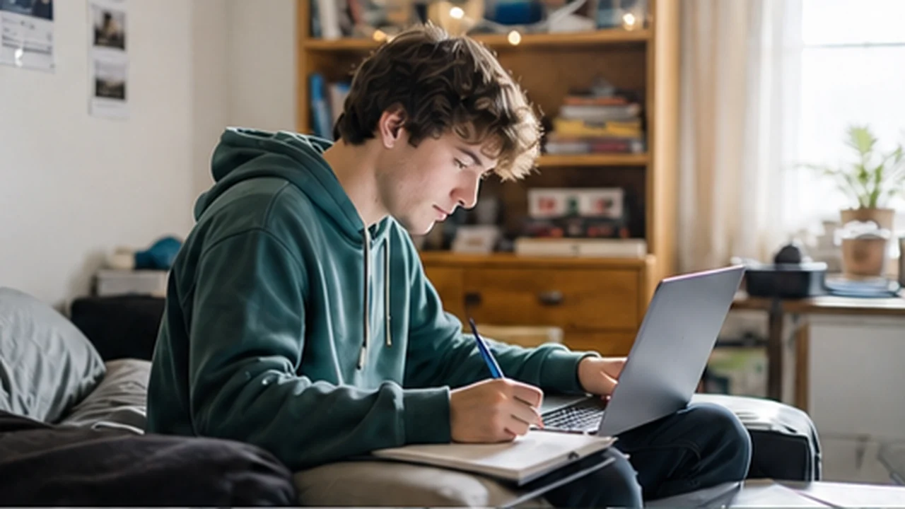 college student studying with laptop in lived-in dorm room
