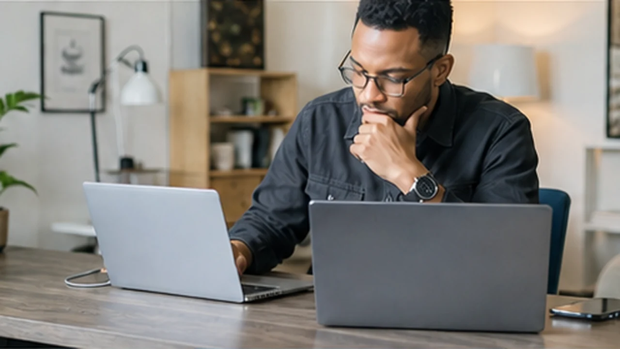 professional comparing two slim laptops at home desk
