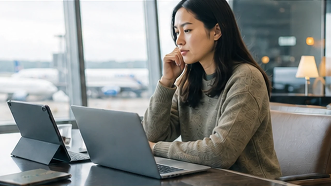 traveler using tablet and keyboard at airport lounge