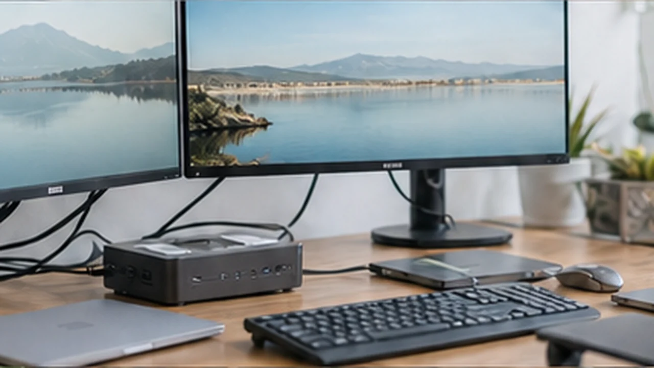 dual monitor home office with usb c dock and coffee