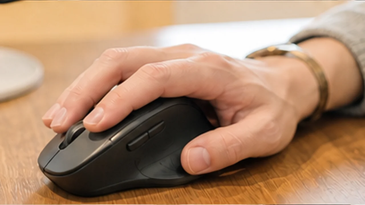 hand using ergonomic mouse at warm home workspace