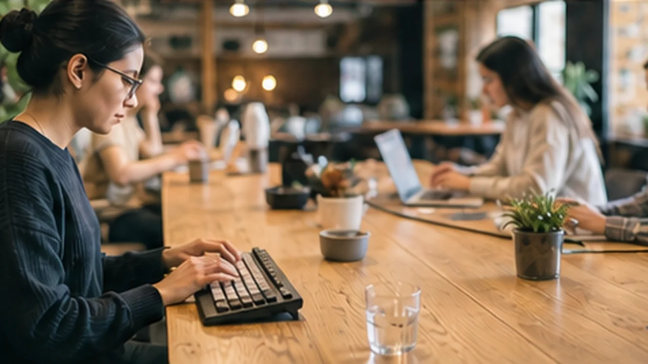 quiet coworking desk with compact mechanical keyboard