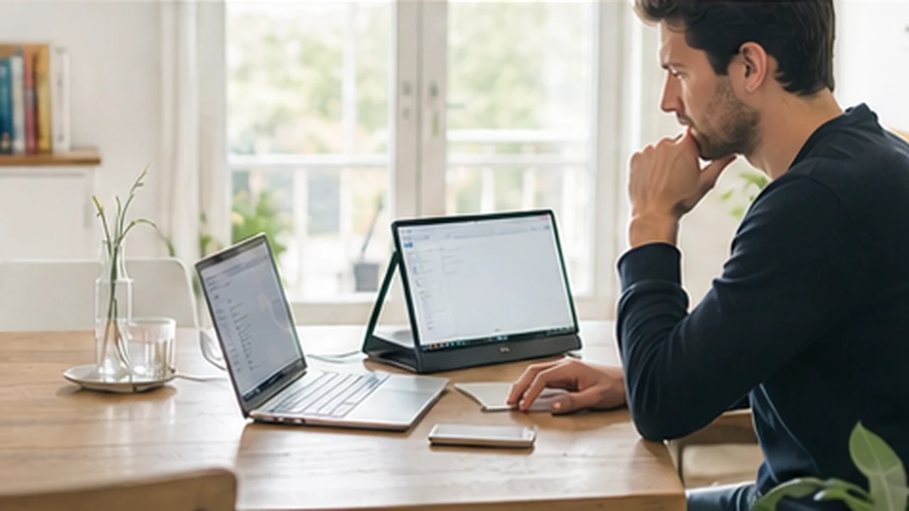 hybrid worker with portable monitor at dining table