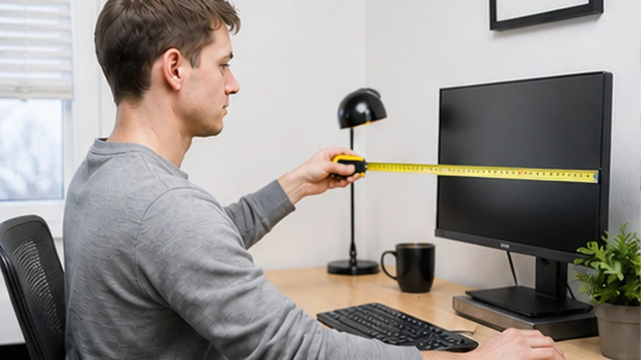 person measuring monitor distance in compact office