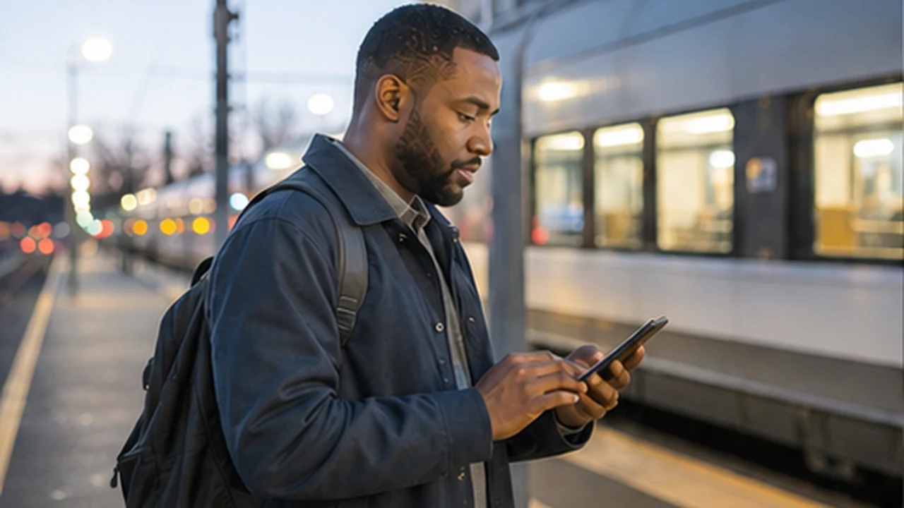 commuter checking smartphone on train platform at dusk