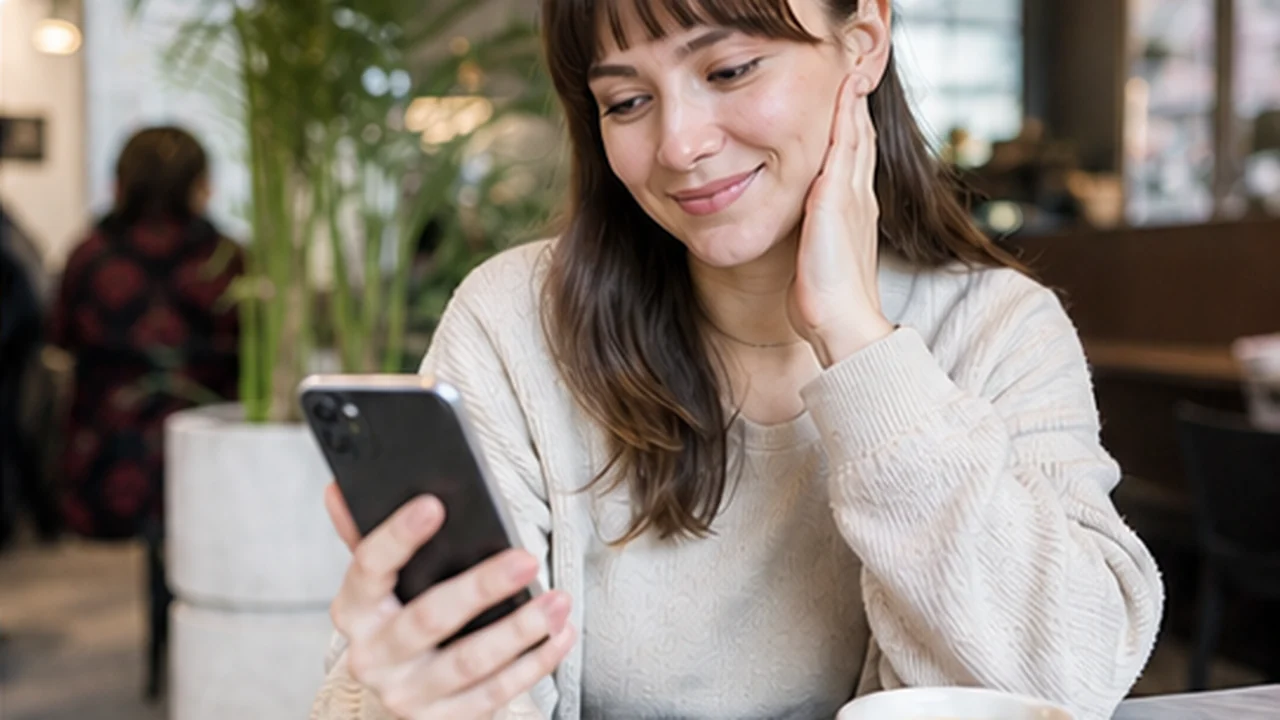 person using compact smartphone one handed in cafe
