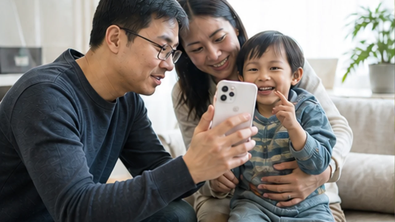 parent taking candid family photo with smartphone indoors