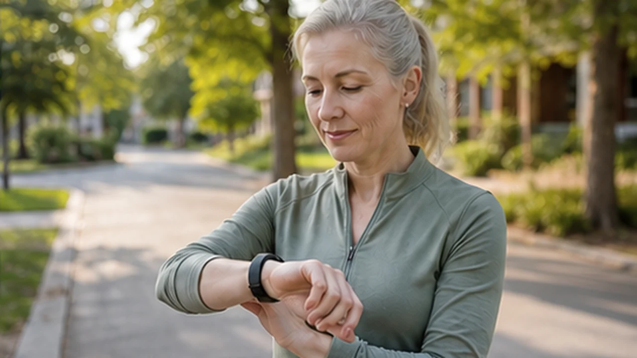 person checking fitness tracker during neighborhood walk