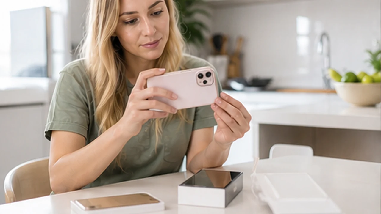 buyer inspecting refurbished phone at bright kitchen table