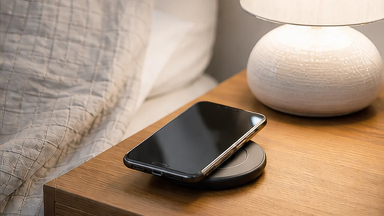 smartphone charging wirelessly on cozy bedside table
