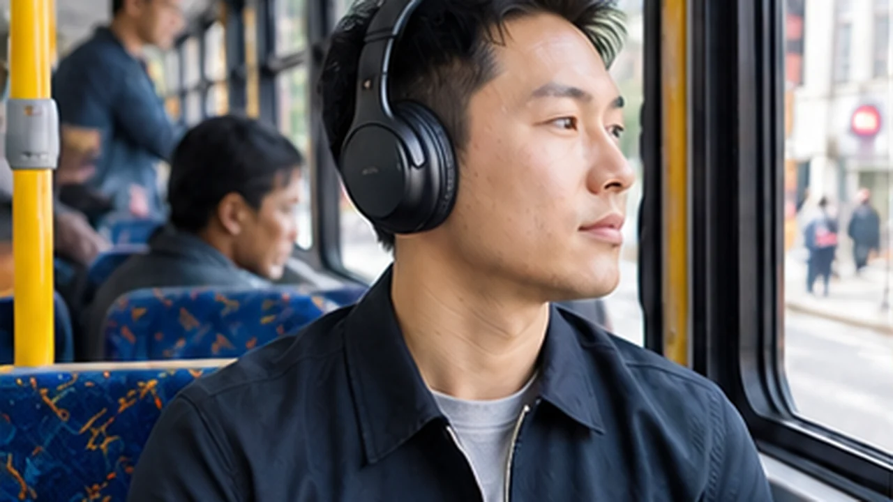 commuter wearing over ear headphones on city bus