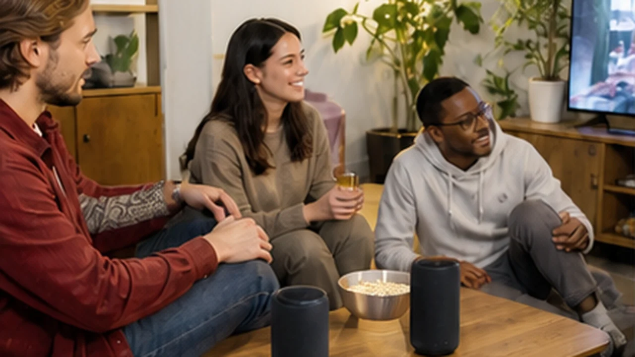 friends listening to compact speakers in small living room