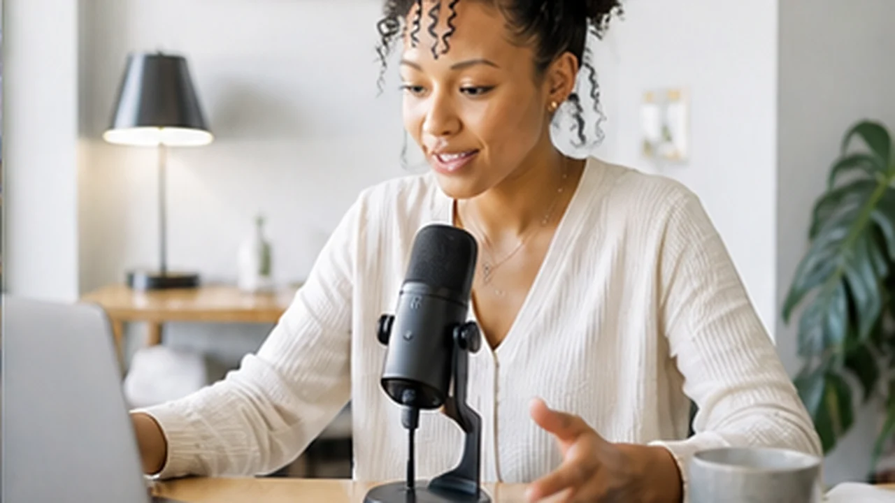 remote worker speaking into small usb microphone