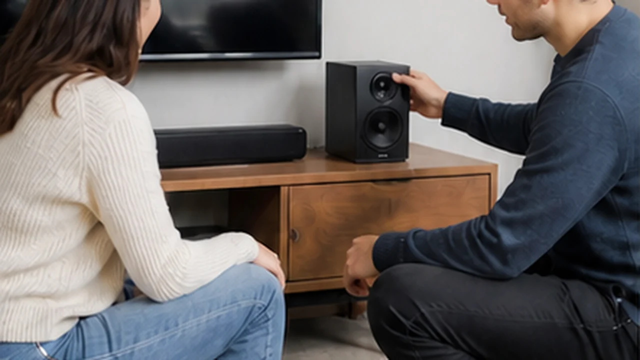 couple watching tv with soundbar and compact speakers