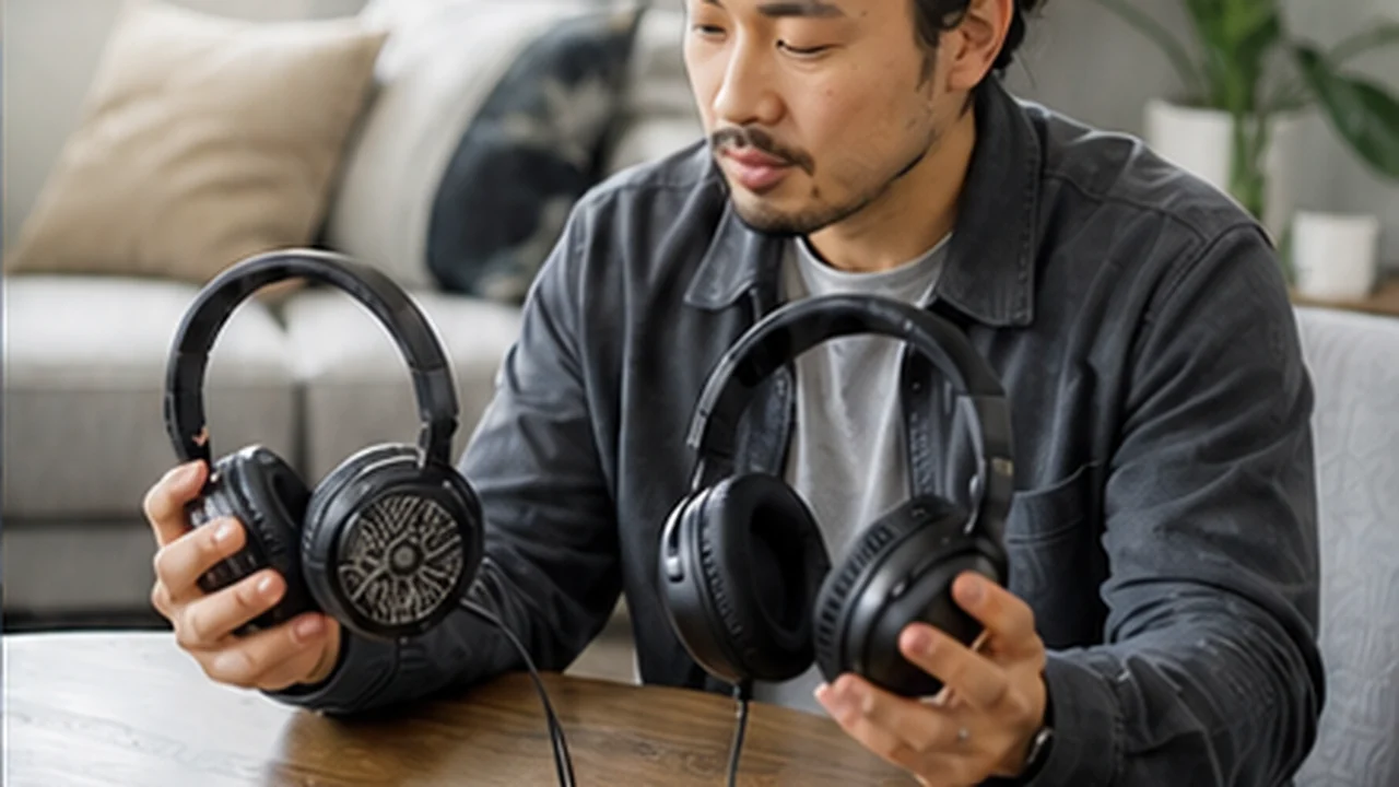 music listener comparing two headphones at home