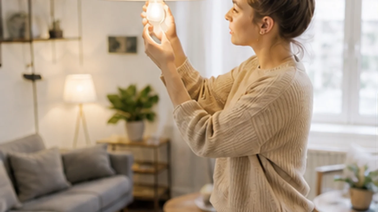 renter adjusting smart bulb in cozy apartment