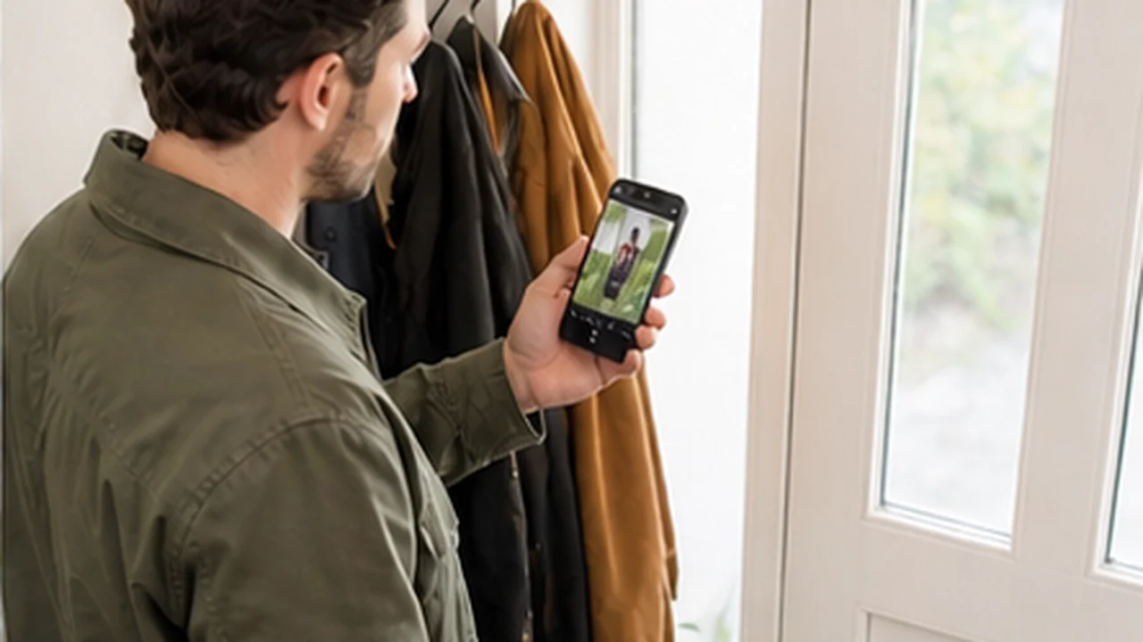 resident checking video doorbell notification at front door