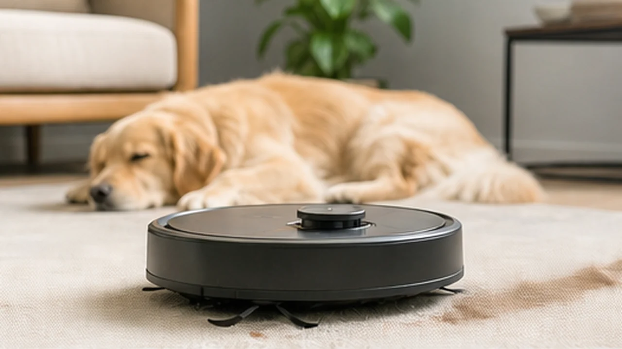 robot vacuum cleaning pet hair while dog rests nearby