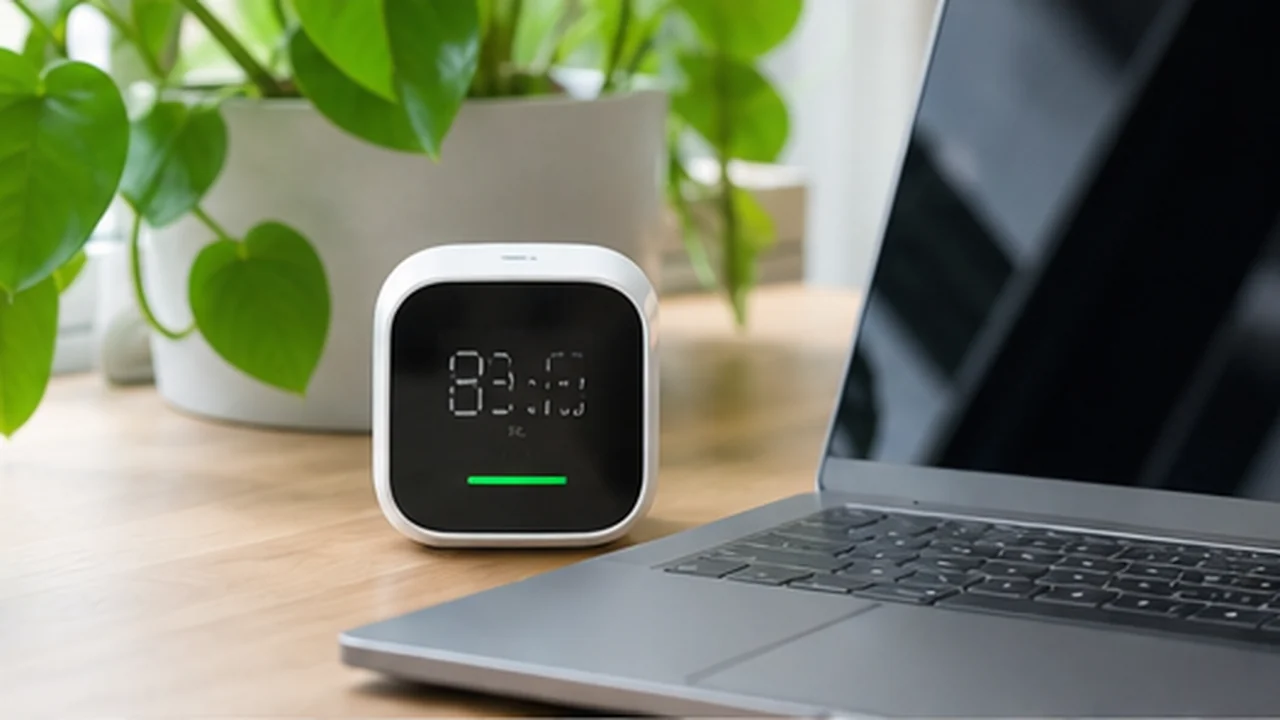 air quality monitor beside laptop and houseplant
