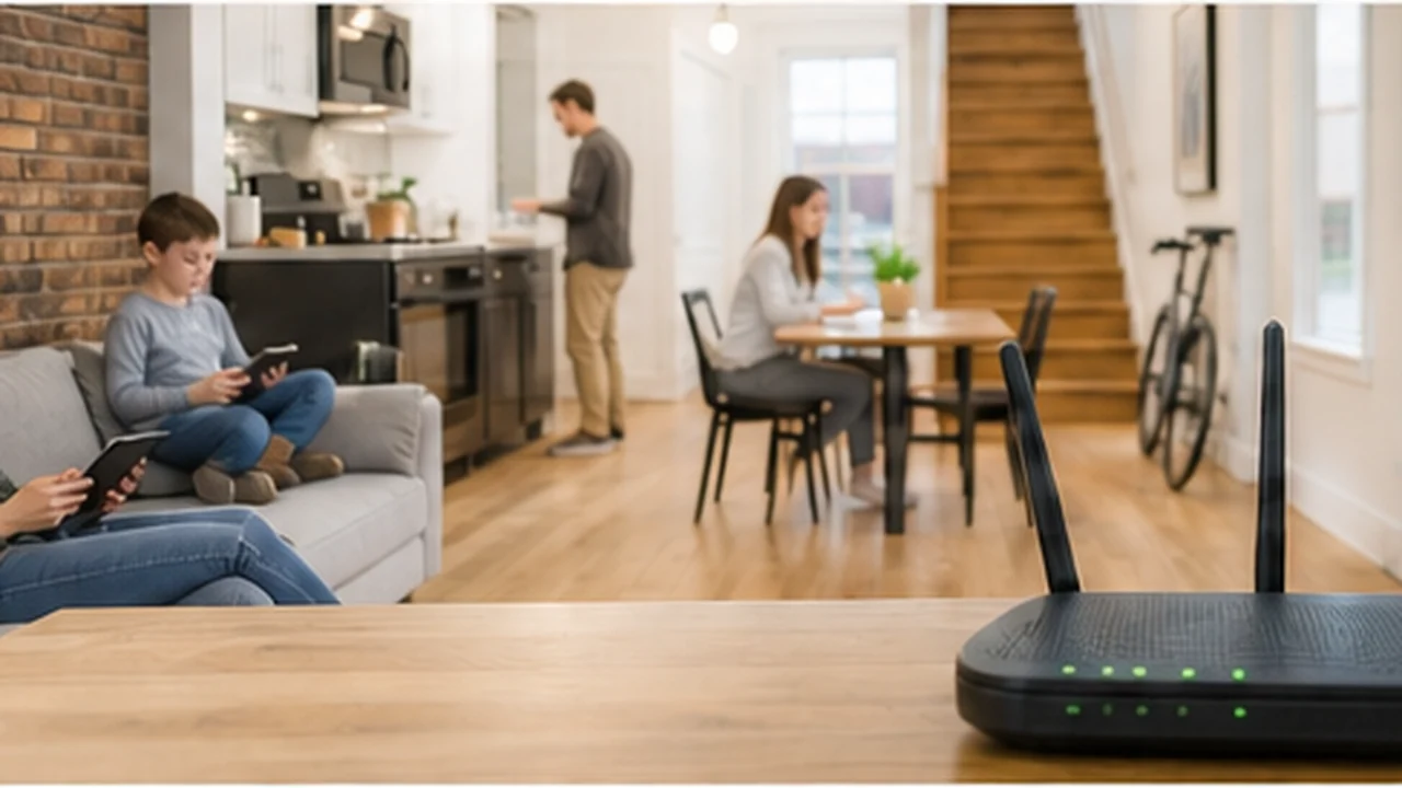 family using wifi devices throughout narrow townhouse