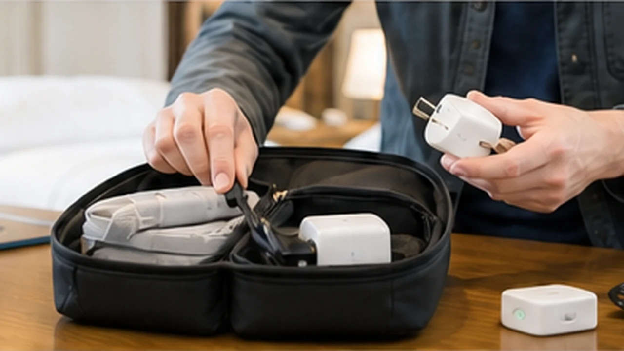 traveler organizing adapter and chargers on hotel desk