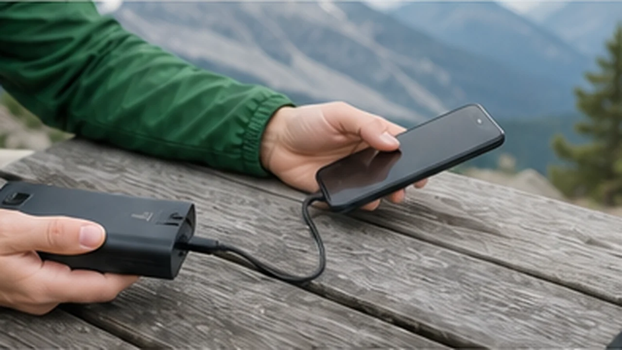 hiker charging phone from compact power bank at picnic table