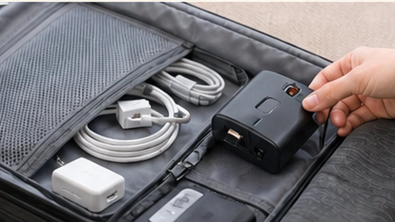 open carry on bag with compact charger and cables