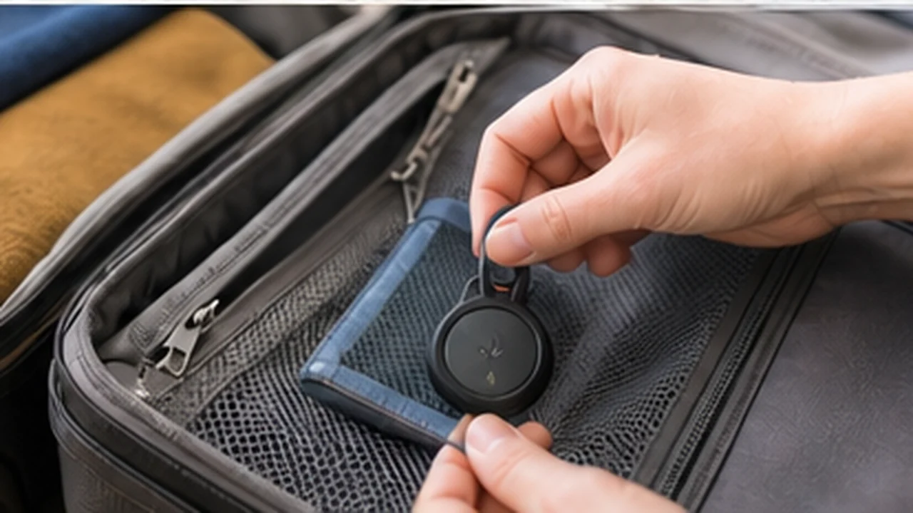 traveler attaching bluetooth tracker inside suitcase