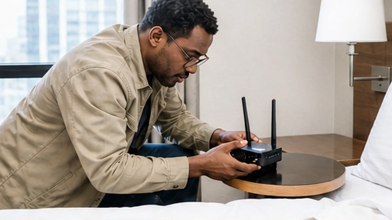 remote worker setting up travel router in hotel room