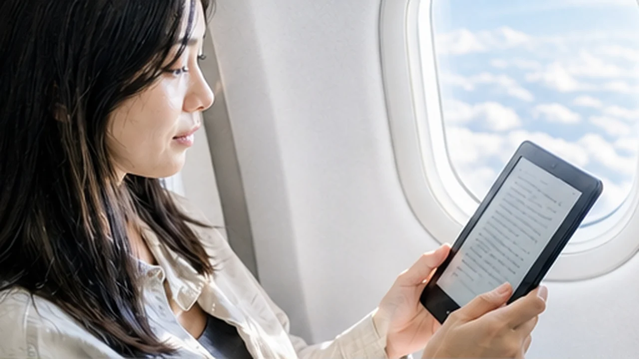 passenger reading e reader by airplane window