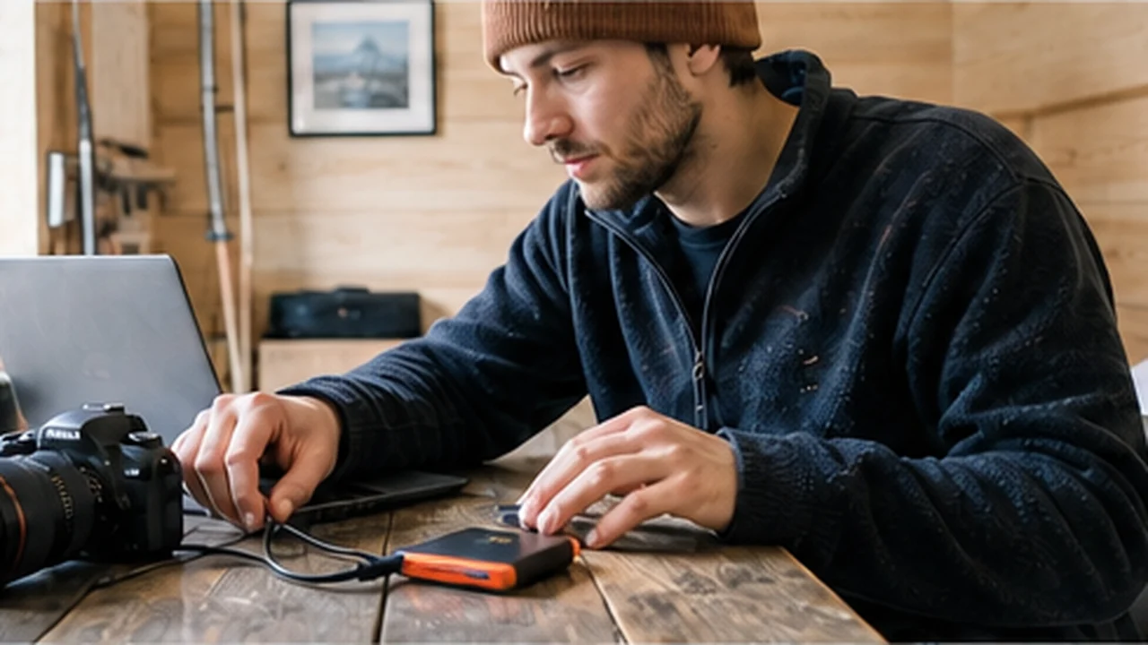 photographer backing up camera photos to portable ssd