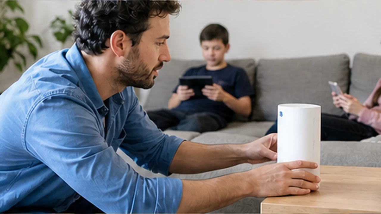 person checking router placement in modern home