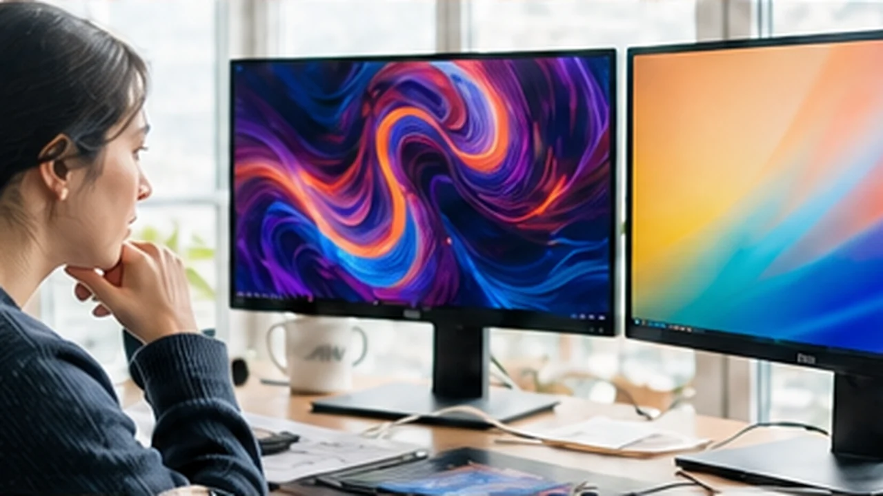 designer comparing two monitors in daylight studio