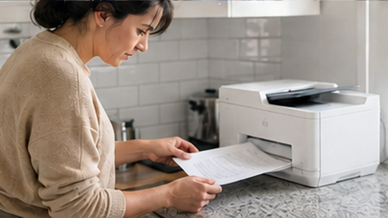 parent printing school form in home kitchen