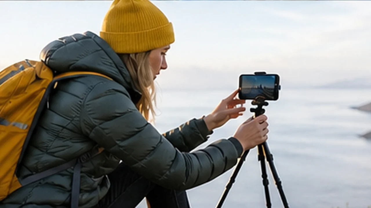 solo traveler setting phone tripod at scenic overlook