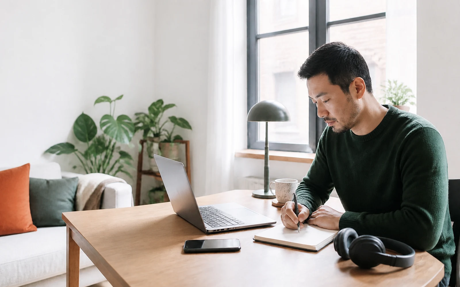 Remote worker reviewing notes beside everyday technology in a comfortable apartment